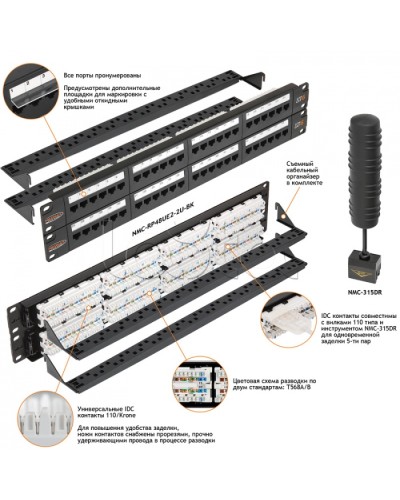Патч-панель 19, 2U, 48xRJ45 NIKOMAX (NMC-RP48UE2-2U-BK) в Новороссийске Патч панель Pintop.ru