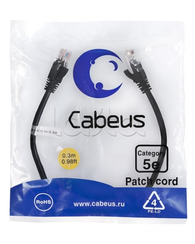 Патч-корд медный U/UTP кат.5е (0,3м) LSZH (черный) Cabeus (PC-UTP-RJ45-Cat.5e-0.3m-BK-LSZH) в Новороссийске Патчкорды (медные) Pintop.ru